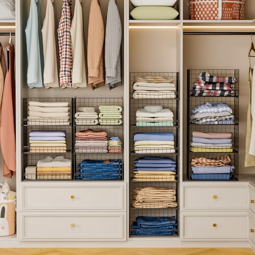 6-Tier Stackable Closet Organizer Bins - Foldable Clothes Storage Shelf, Black