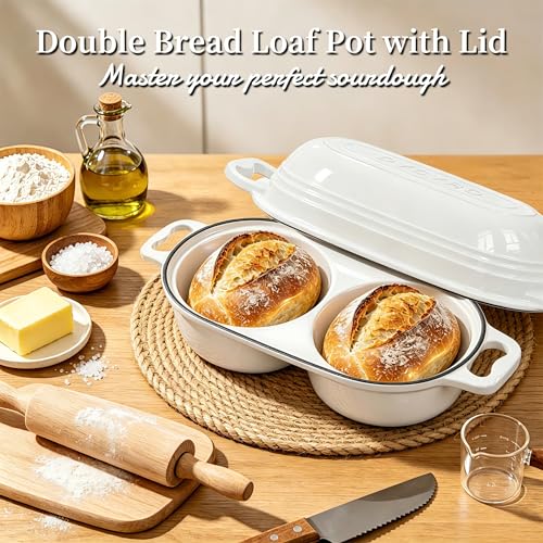 Enamelled Cast Iron Double Round Bread Loaf Pot with Lid - Cream White - 2 Chambers
