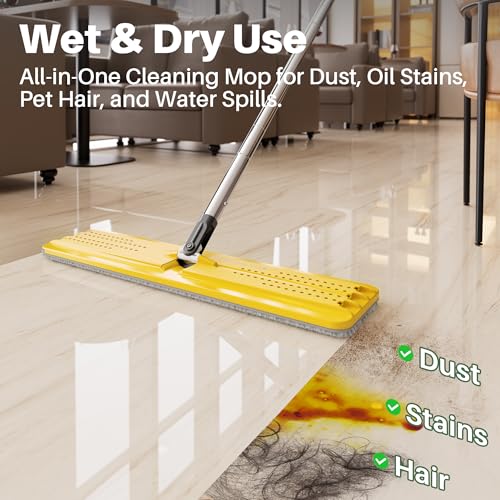 JOYMOOP Industrial Mop and Bucket Set - 17.7-Inch Dust Mop with 3 Reusable Microfiber Pads, 60-Inch Handle, Yellow