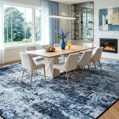 Dark Blue 9x12 Washable Abstract Area Rug for Living Room & Home Decor