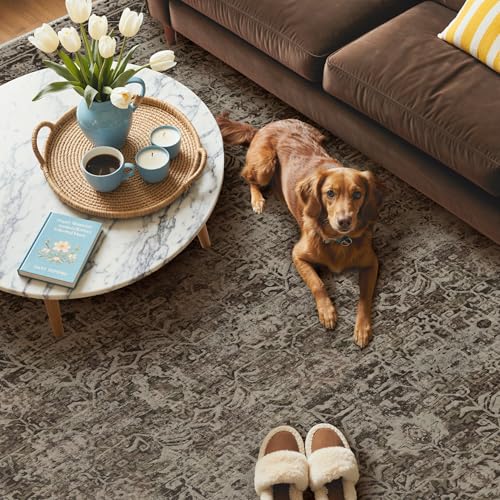 8x10 Taupe Brown Washable Area Rug - Vintage Boho Non-Slip Indoor Carpet