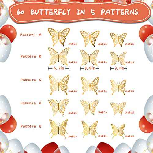 iinuu Gold Butterfly Wall Decor Stickers, 60pcs Golden Butterfly Birthday Party Decorations Butterfly Cake Decorations for Baby Shower Bday Wedding Christmas 3D Paper Butterflies Girls Bedroom Decor