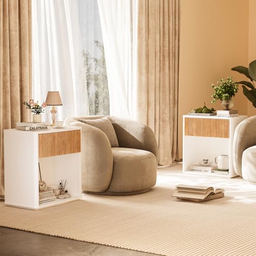 White Fluted Nightstand Set of 2 - Mid Century Bedside Tables with Drawer & Shelf