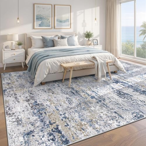 TENGTENGLINK Blue 8x10 Modern Abstract Washable Area Rug for Living Room & Bedroom