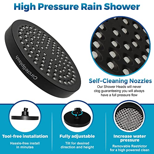 CircleSplash Matte Black High Pressure Shower Head 2.5 GPM - Wide Rainfall 6 Inch