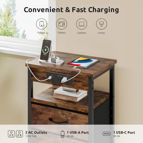 Lazzanto Rustic Brown Nightstand with Charging Station, 2 Drawers