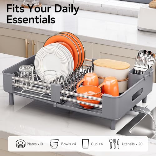 Urackify Extendable Stainless Steel Dish Drying Rack - Gray, Space-Saving Kitchen Organizer