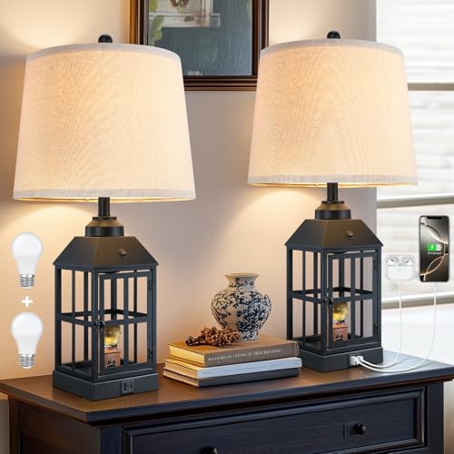 Lovlast 25-Inch Farmhouse Black Table Lamps Set of 2 with USB & Night Light