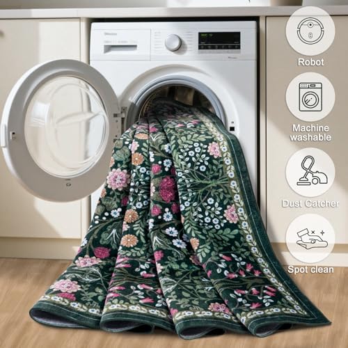 5x7 Floral Washable Area Rug - Dark Green Boho Living Room Carpet