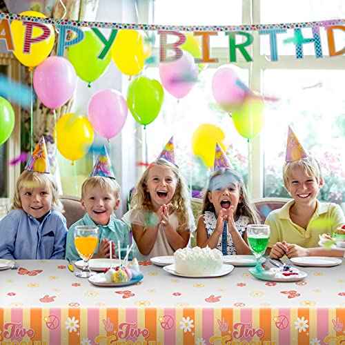 Jecery 3 Pcs Rainbow Plastic Two Groovy Tablecloths Birthday Decorations Groovy Christmas Decorations Retro Hippie Daisy Flower Decor for 60s 70s Retro Boho Themed Girl 2nd Birthday Supplies