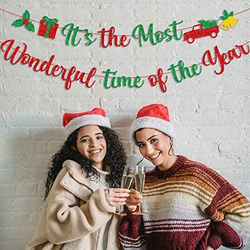 Red Green Glitter It's The Most Wonderful Time of The Year Banner with Holly Berry Xmas Tree Bells Christmas Holiday Party Banner Merry Christmas Holly Jolly Winter Party Mantle Decorations