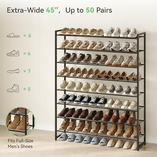 Black 8-Tier Shoe Rack Organizer for Closet - Holds 50 Pairs, Metal Storage