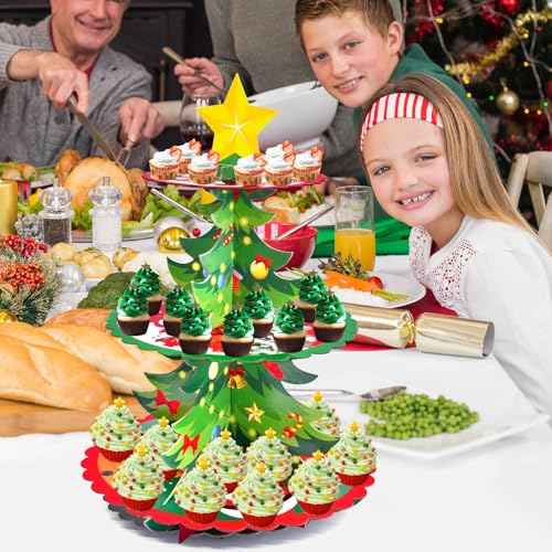 3-Tier Christmas Tree Cupcake Stand ? Santa and Snowman Dessert Display Holder for Holiday Party Table, Winter Celebrations, and Christmas Decorations