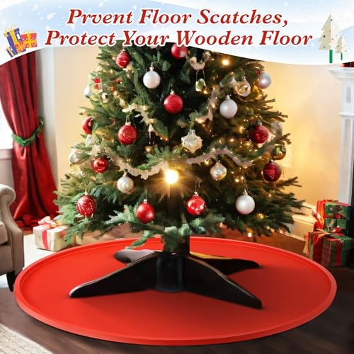 Dunkive 31 Inch Red Silicone Christmas Tree Mat Heavy Duty Floor Protector Waterproof Xmas Stand Pad
