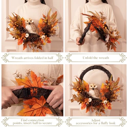 Valery Madelyn 24-Inch Collapsible Fall Wreath with Owl & Pumpkin for Front Door
