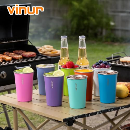 Vinur 16oz Colorful Stainless Steel Drinking Cups 8-Pack - Stackable & Reusable