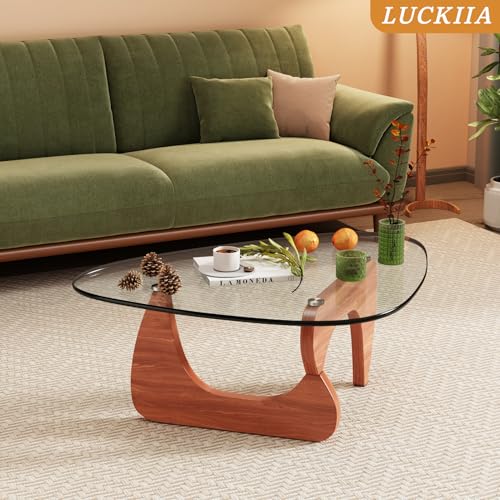 LuckIIA Walnut Glass Coffee Table 32 Inch Mid-Century Modern Farmhouse Style