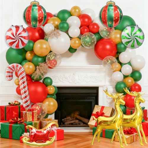 130Pcs Christmas Balloon Garland Arch Kit, With Gold Red Green White Balloons Candy Balloon Sequin Balloons Moose Sleigh Balloon for Christmas Party Decorations Supplies (23"Set)