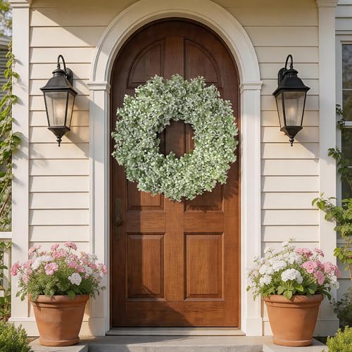 Large Artificial Boxwood Wreath for Front Door Decoration 32-Inch White-Green - All Year Round