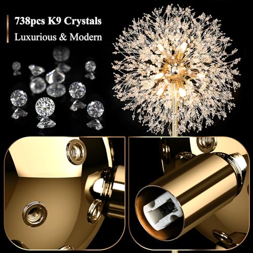 69-Inch Crystal Floor Lamp with 738 K9 Crystals - Modern Gold Standing Lamp for Living Room