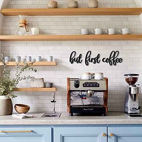 Huray Rayho Coffee Bar Kitchen Wall Decor Wood Signs But First Coffee Words Decorations for Home Decoration Art Kitchen Eating Area Breakfast Nook Cafe or Restaurants Diner, House Warming Gifts, Black