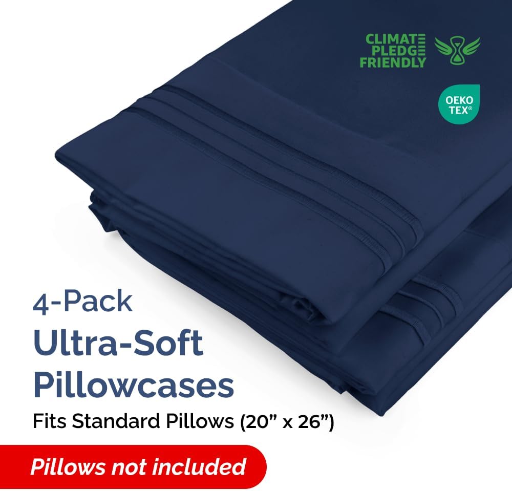 Skiennix Standard Pillow Cases Set of 4 | Ultra Soft Hotel Quality Covers - Navy Blue, Machine Washable