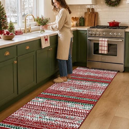 GarveeHome 2x8 Red/Green Christmas Runner Rug - Snowflake Hallway/Kitchen Mat