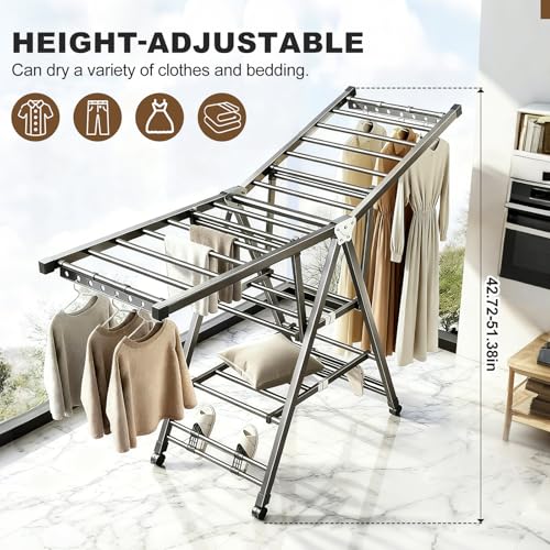 Heavy Duty 3-Tier Clothes Drying Rack with Wheels, 5.9ft Large Capacity