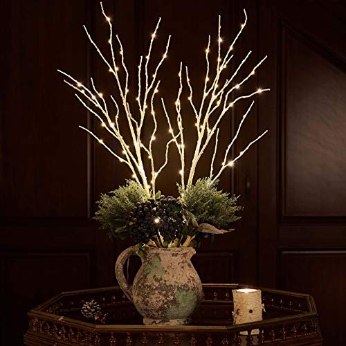 Hairui White 2-Pack Lighted Artificial Birch Tree Branch with Fairy Lights, 30 Inch, 100 LEDs, Battery Operated Christmas Decor