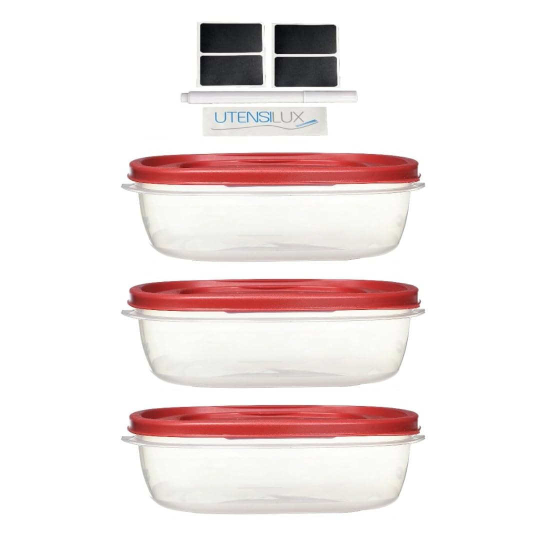 Utensilux Rubber maid Food Storage Containers Nine Cup Food Storage Containers 7 Peice Set, Easy Find Lids, 3 Containers, 3 Lids Chalk Pen And Chalk Labels