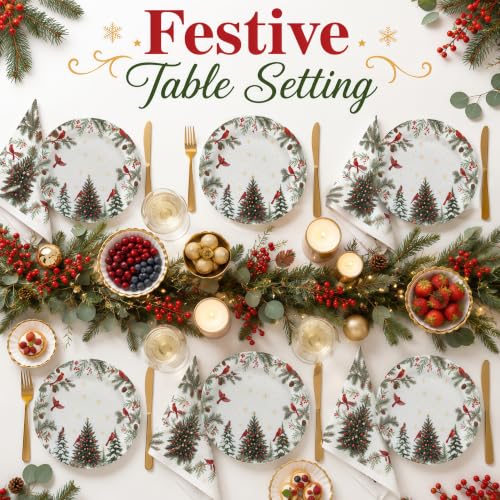 Christmas 50 Pcs Plates & Napkins Set - Cardinal Holiday Tableware, 7 Inch