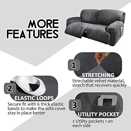 ULTICOR Dark Grey Extra Wide 75-100" 2-Seater Reclining Velvet Sofa Slipcover, 6-Piece, Washable