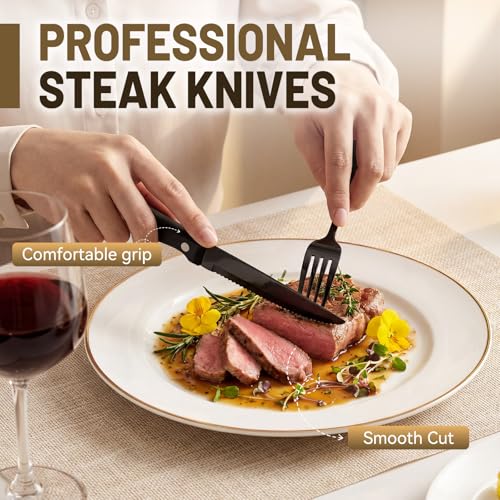 Black Silverware Set 72 Pieces for 12 - No Fading Steak Knives Flatware