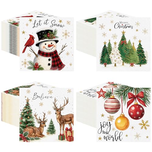 60 Pcs Classic Christmas Napkins - 4 Styles, 9.8 x 9.8 in, Janlaugh