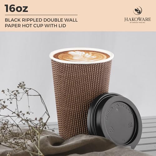 Brown 16 oz Disposable Paper Coffee Cups with Lids - Insulated Double-Walled