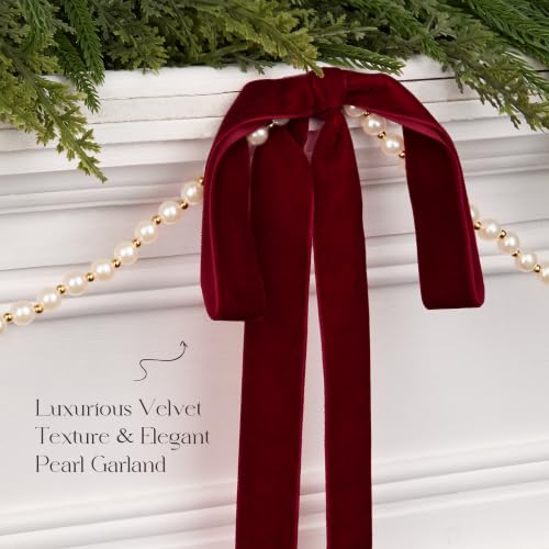Burgundy Wine Red Velvet Bow & Pearl Garland Set - 2 x 7.2 Ft Christmas Decor