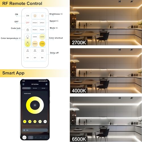 49ft Tunable White COB LED Strip Lights - Dimmable 2700K-6500K RGBW Light Kit with Remote