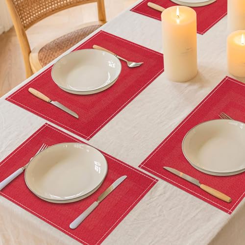 Niviy Red Christmas Placemats 12x18 in Set of 4 – Linen, Washable