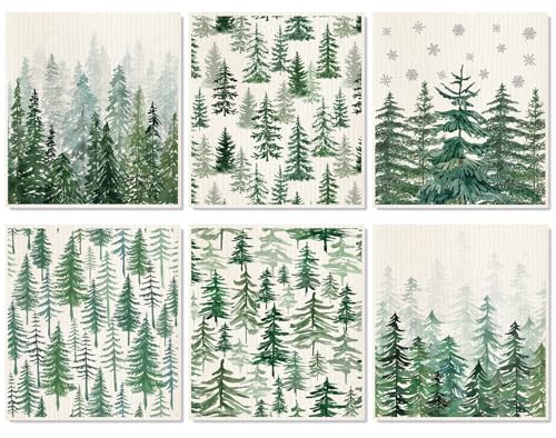 Christmas Watercolor Forest Pine Tree Kitchen Towels - 6 Pack, Reusable Cotton Dishcloths