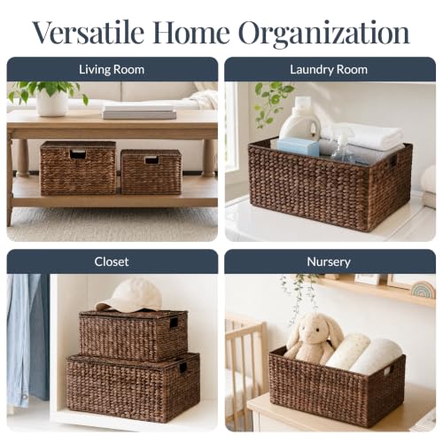 Set of 3 Large Hyacinth Storage Baskets Brown - Multi-Purpose Organizer Totes with Handles & Removable Lid