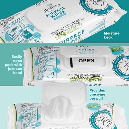 Juniper CLEAN 72 Pack Surface Cleaning Wipes with Bleach - All-Purpose Bathroom & Kitchen Cleaner, 1728 Count, Fresh Scent