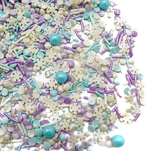 Let it Sprinkle - 4 Oz Resealable Bag - Winter and Christmas Themed Sprinkle Mix - Features Teal, Purple, and White Jimmies, Teal Pearls, and White Snowflake Quins - Cake and Ice Cream Sprinkles