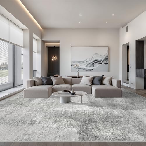 Washable Area Rug 8x10 - Neutral Abstract Grey Rug for Living Room - Non-Slip, Soft, Eco-Friendly