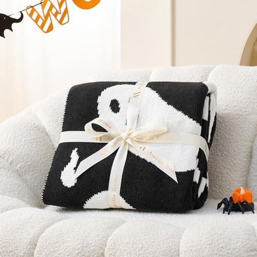 Halloween Ghost Throw Blanket - Black & White 50x60 Inch Chenille Cozy Sofa Decor