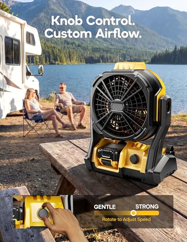 Yellow Battery Operated Camping Fan with LED Light, Cordless & Corded, Variable Speed, Hanging Hook - Light Yellow
