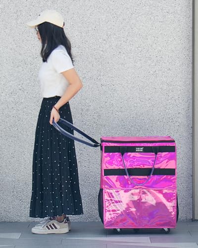 Large Glitter Pink Reusable Grocery Bag with Wheels - Foldable Rolling Tote