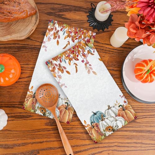 Fall Pumpkin Hand Towels Set of 2, Autumn Maple Leaves Boho Floral Thanksgiving Harvest Soft Absorbent Small Bath Towel Kitchen Dish Guest Towel for Bathroom Hotel Gym Spa