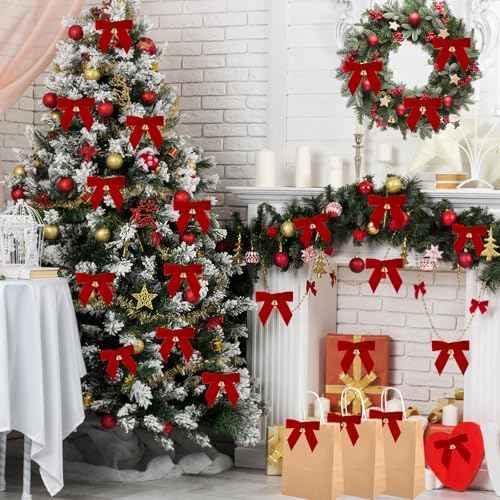 20PCS Velvet Bows Christmas Tree Decorations, 20PCS Jingle Bells & Twist Tie Bows for Crafts, Velvet Ribbon Christmas Bow for Gift Wrapping, Xmas Wreaths Garland, Wedding, Home Decors (Red)