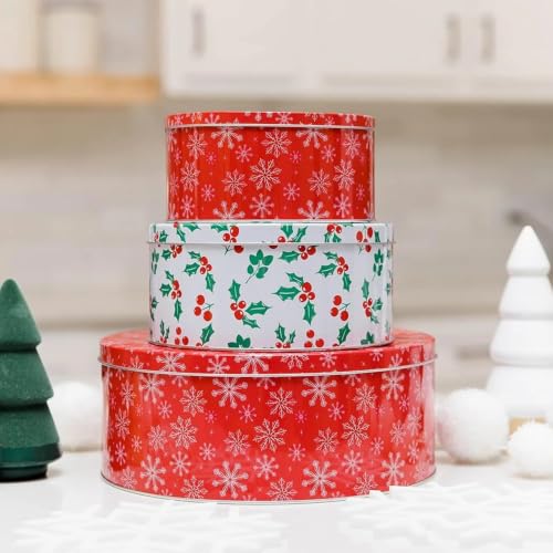 Steel Mill & Co. Snowflake & Holly Cookie Tin Set of 3 – Round Bakeware Gift Tins