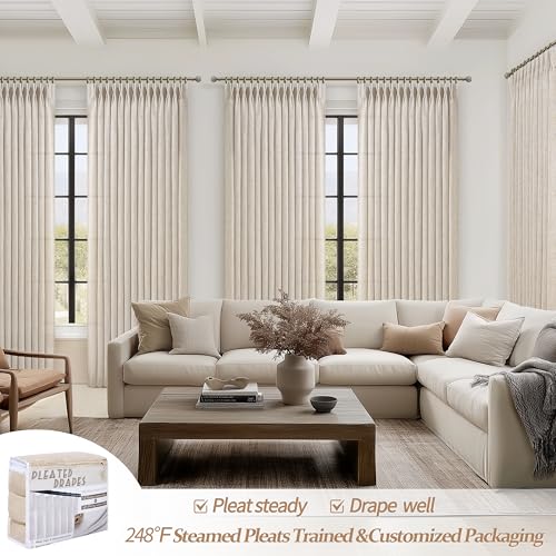 Natural Linen Light Filtering Curtains Pack of 2 - 60W x 96L Inches, Pleated Semi Sheer Farmhouse Drapes